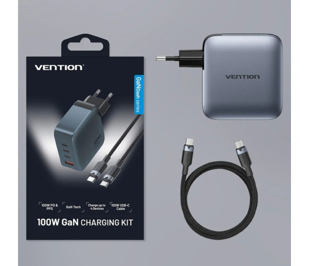 Vention Ładowarka 100W GaN 1x USB-A 3x USB-C + kabel USB-C do USB-C - 1543403 - zdjęcie 4